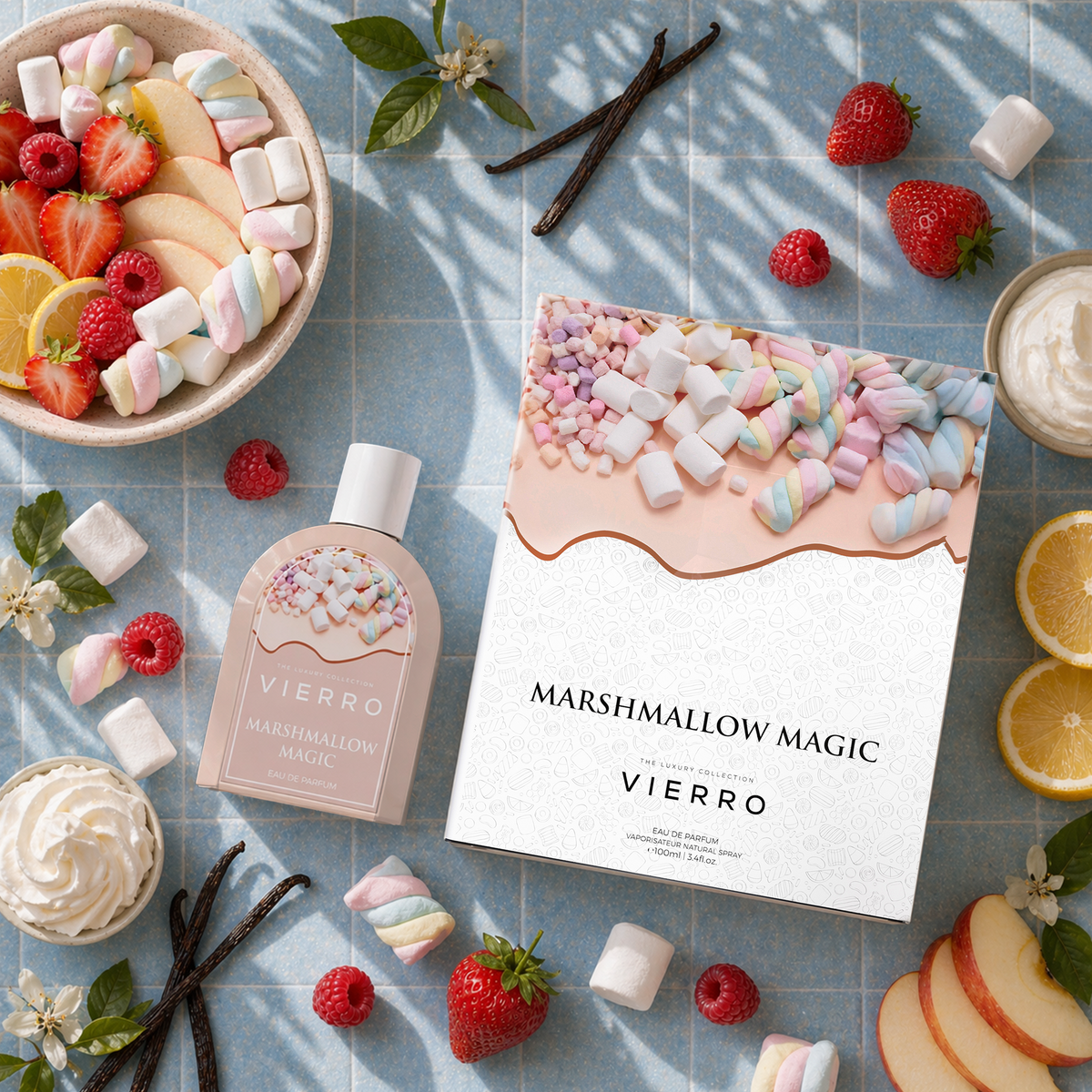 Vierro Marshmallow Magic perfume box with a decorative design and the fragrance bottle displayed in front.