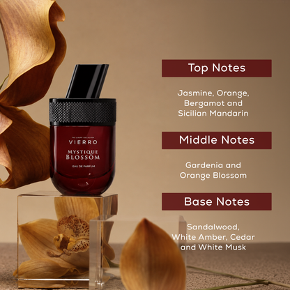 Vierro Mystique Blossom perfume bottle with floral notes illustration, showcasing the elegant design of the fragrance.