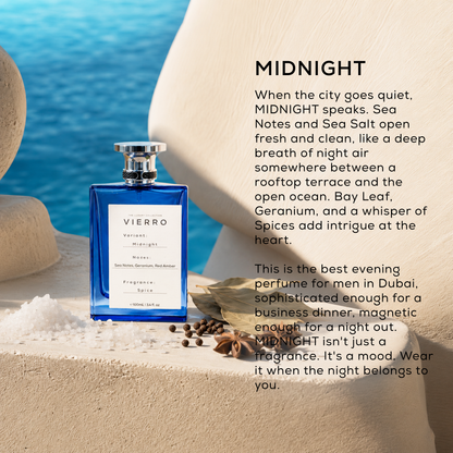 Vierro Midnight perfume bottle with sleek black and silver design, showcasing the elegant fragrance packaging.