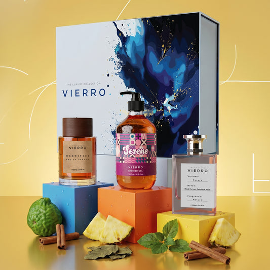 Men's gift box with Vierro Reverb, Magnifice, and Vierro Serene shower gels, featuring a male model holding the product.