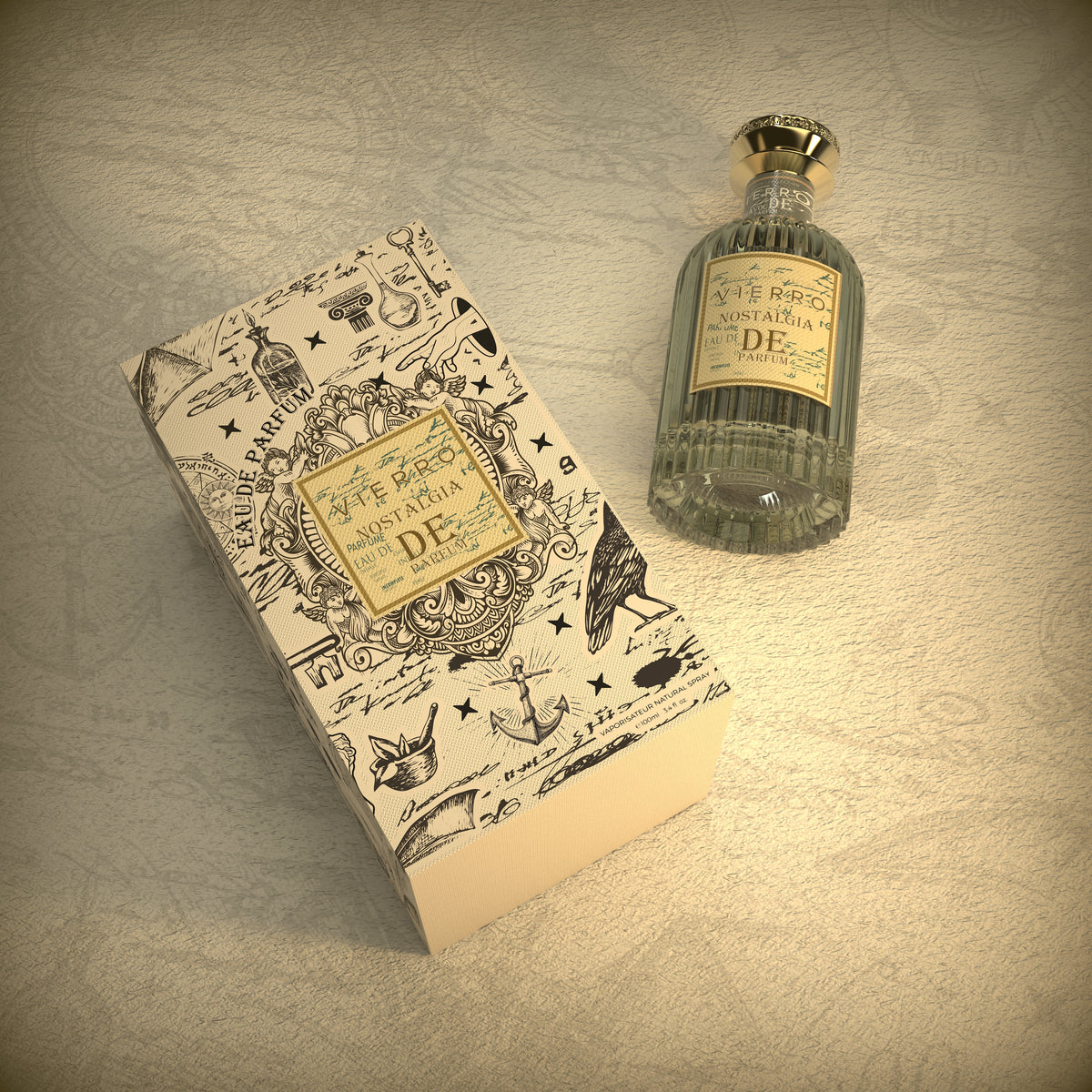 Vierro Nostalgia de Parfum bottle with elegant packaging, showcasing a luxurious perfume designed for a nostalgic scent experience.