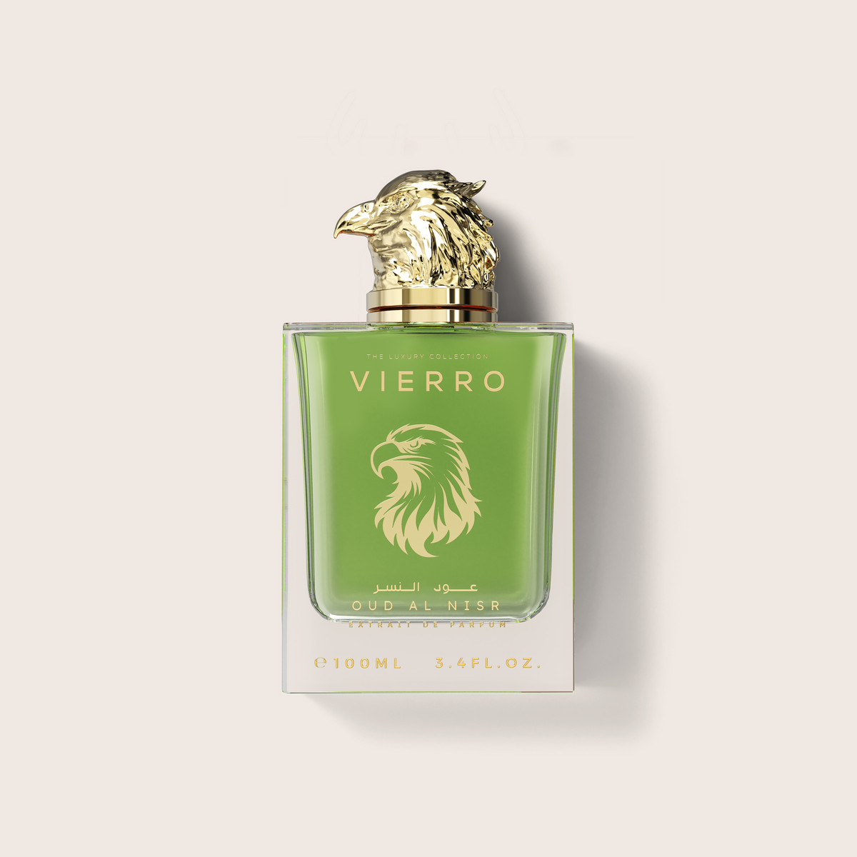 A 100ml bottle of Vierro Oud-Al-Nisr perfume from The Scent Collection, featuring a translucent green glass body with a metallic gold eagle emblem and a gold cap shaped like an eagle's head, set against a light beige background.