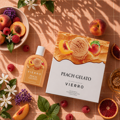 Vierro Peach Gelato box and bottle, showcasing creamy peach-flavored gelato in packaging, perfect for a refreshing treat.