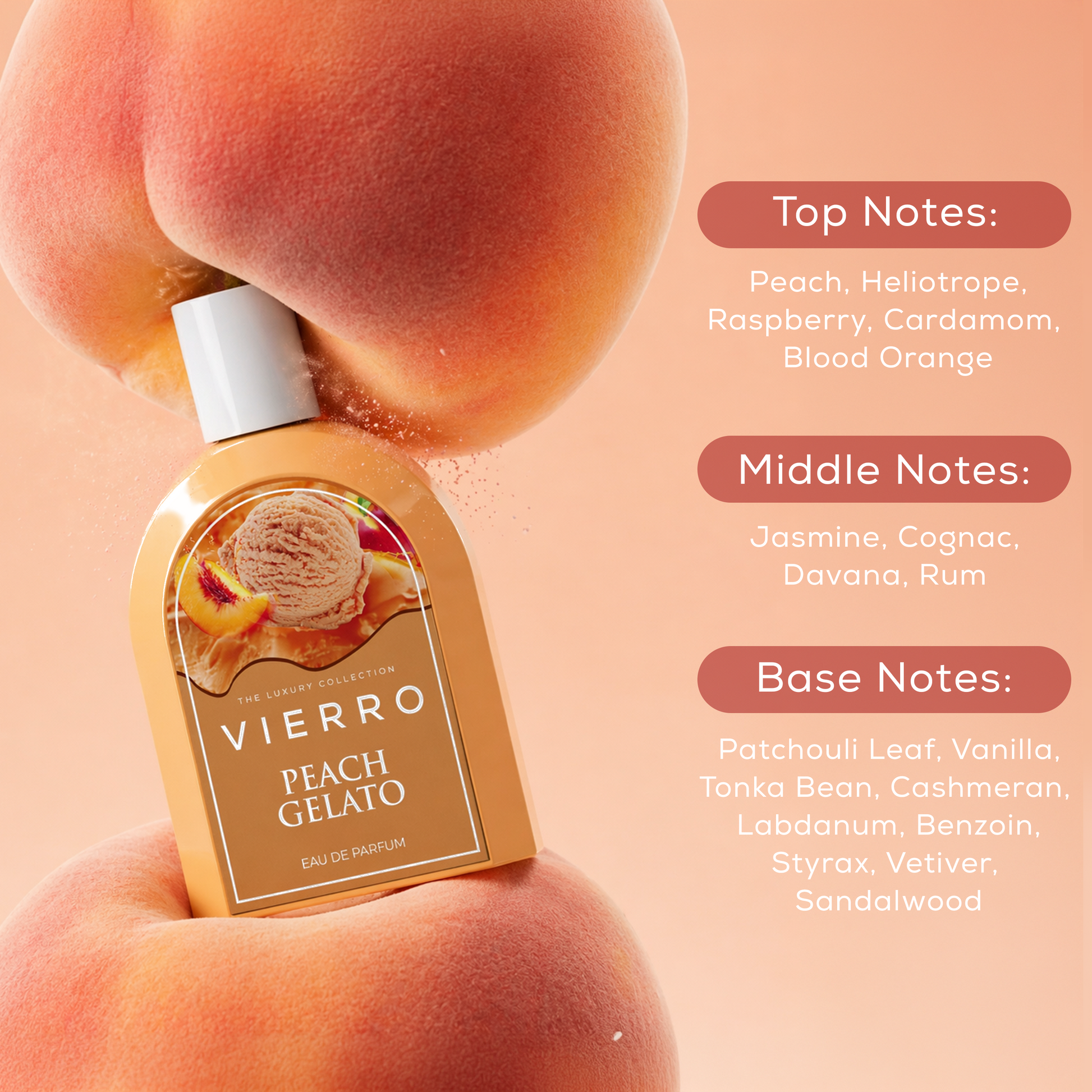 Creamy peach gelato by Vierro with smooth texture and fresh peach flavor, shown in a close-up image.