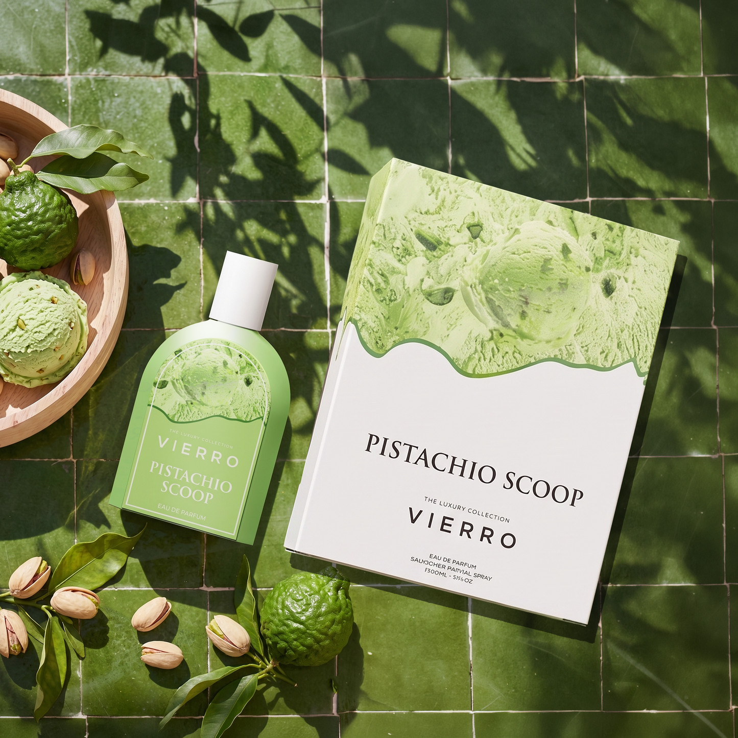 Vierro pistachio scoop box and bottle, showcasing creamy pistachio spread and packaging with a scoop for serving.