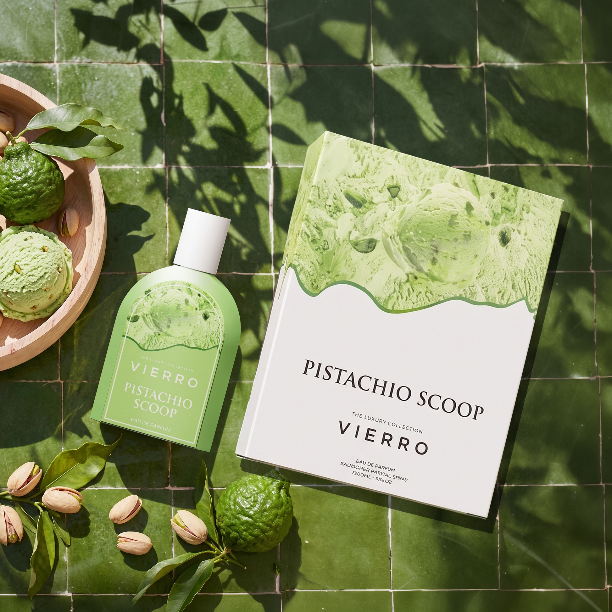 Vierro pistachio scoop box and bottle, showcasing creamy pistachio spread and packaging with a scoop for serving.