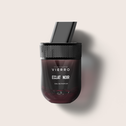 Eclat Noir perfume by Vierro, elegant glass bottle with dark accents, showcasing a luxurious fragrance product.