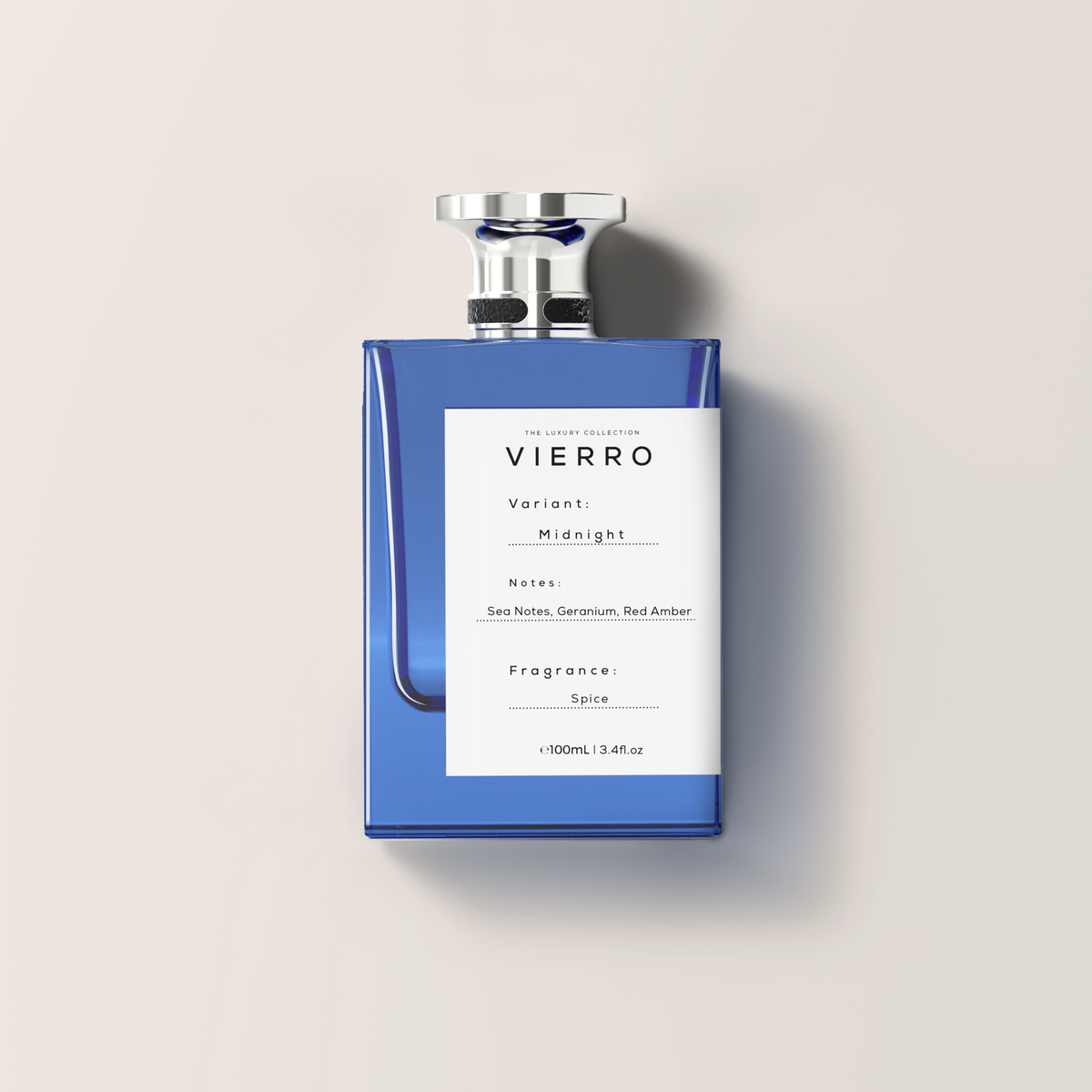 Vierro Midnight perfume bottle with sleek black design, showcasing the elegant packaging of the Midnight fragrance.