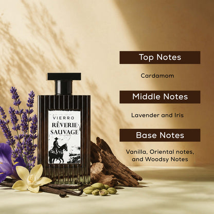 Vierro Reverie Sauvage perfume bottle with notes illustration, showcasing elegant packaging and fragrance details.