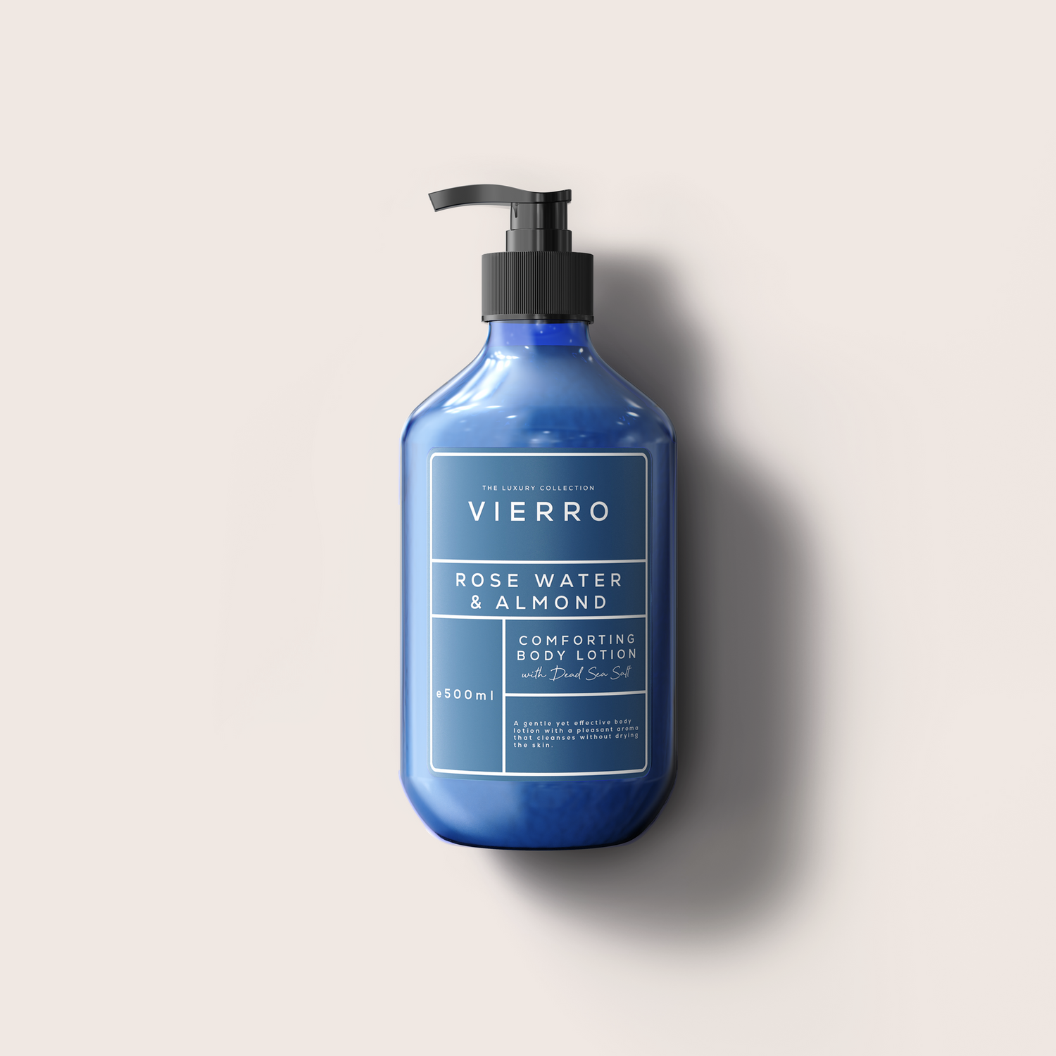A bottle of VIERRO exfoliating hand wash in a deep cobalt blue color with a black pump dispenser, set against a solid light beige background with a soft shadow.
