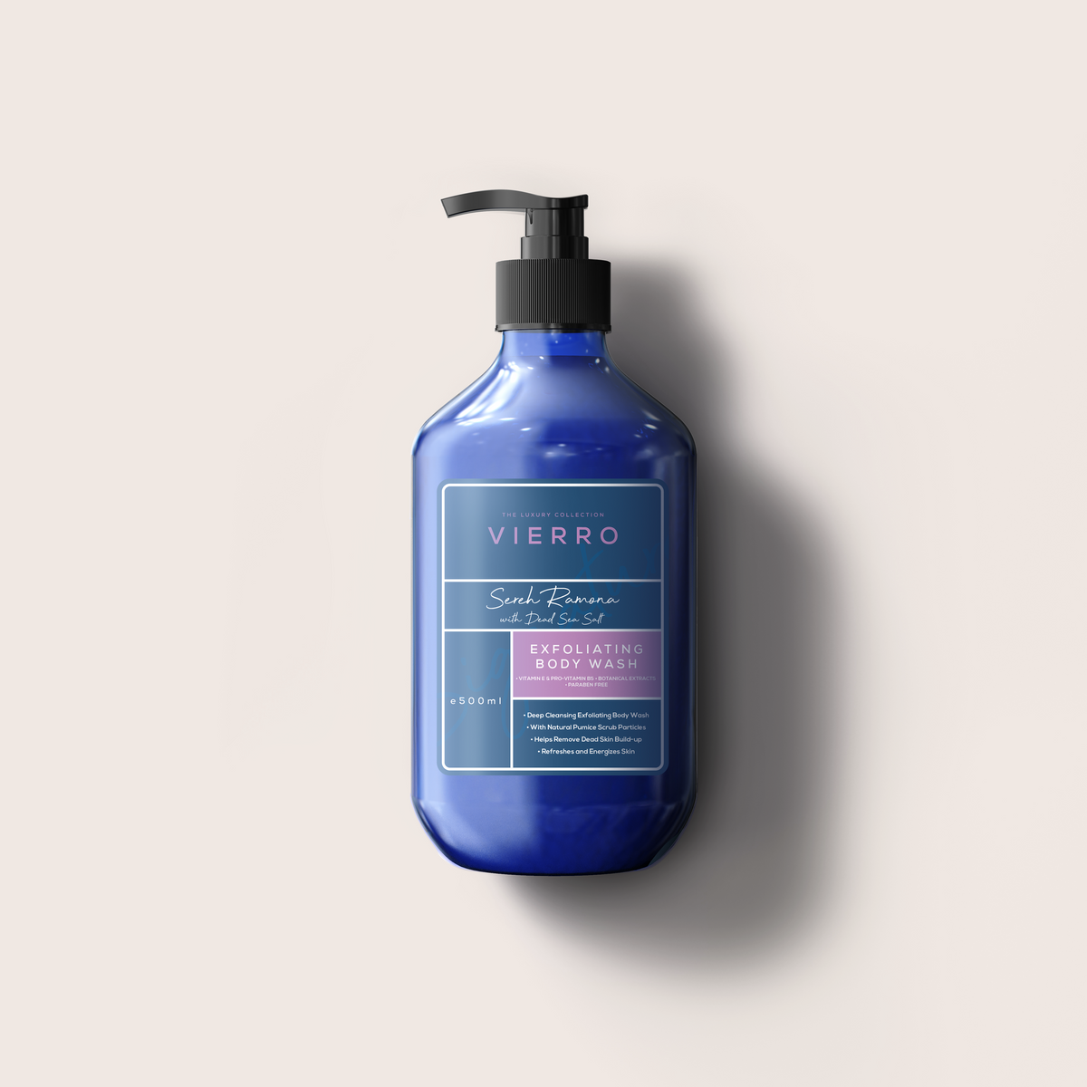 A 500ml blue pump bottle of Vierro Sereh Ramona Exfoliating Body Wash against a neutral light background.