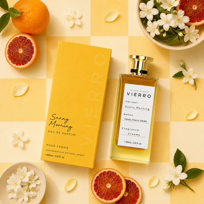 Vierro Sunny Morning is a premium fragrance for ladies inspired by French perfumery. Luxury ladies perfume crafted with premium fragrance ingredients. A floral luxury perfume for ladies with modern elegant packaging.