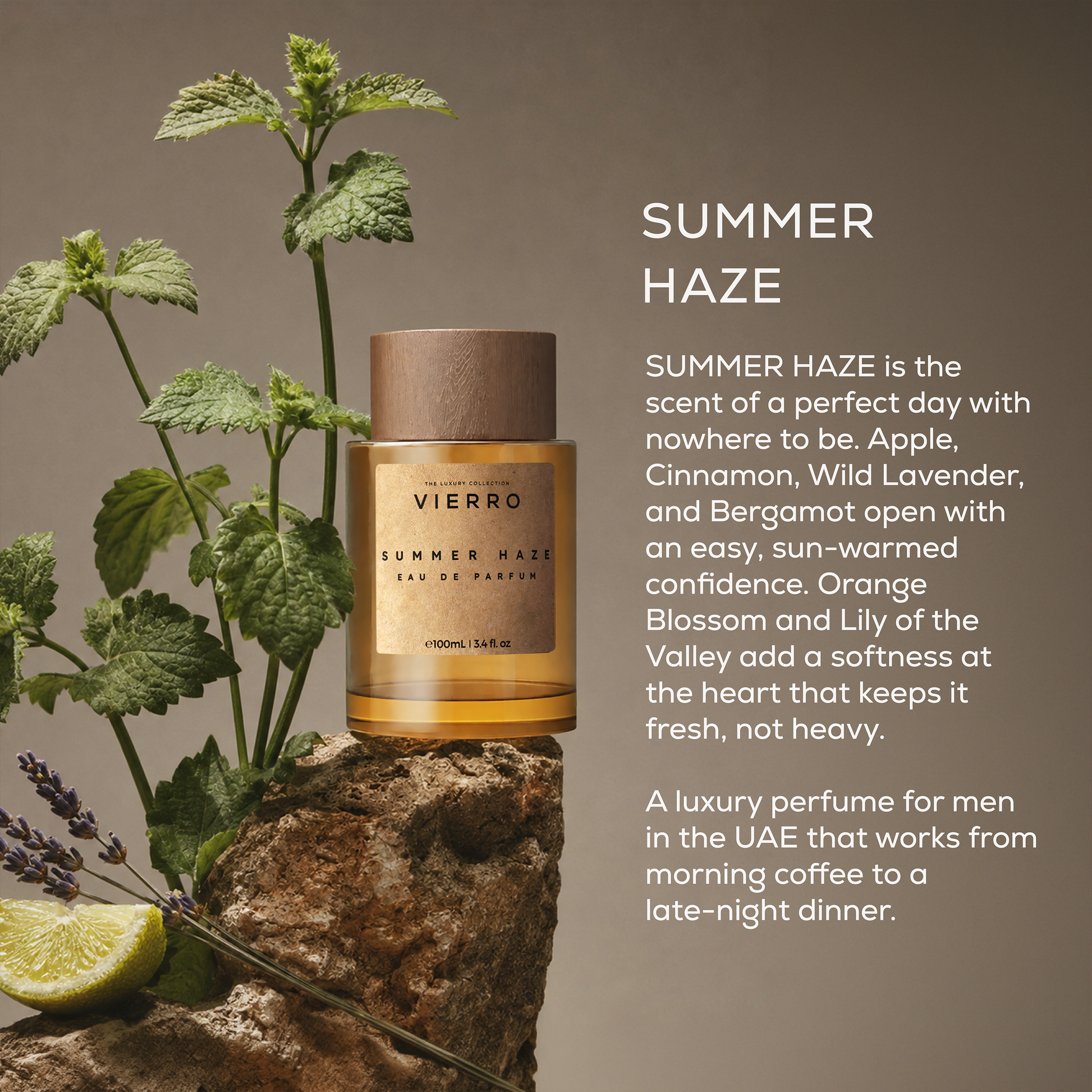 Vierro Summer Haze perfume bottle with a sleek design, showcasing the vibrant summer scent in a stylish container.