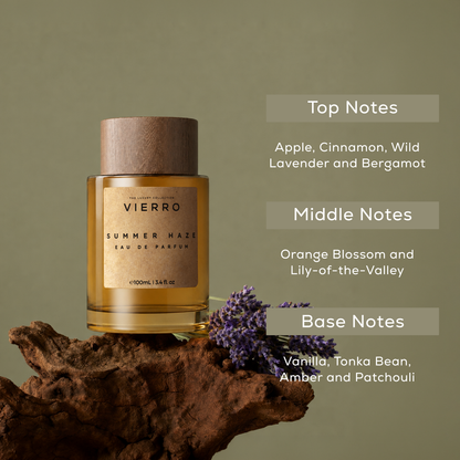 Vierro Summer Haze perfume bottle with floral and citrus notes, elegant design, perfect for warm weather wear.