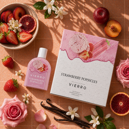 Vierro Strawberry Popsicles perfume bottle and box, fruity scent with berry notes, in a colorful, playful packaging design.
