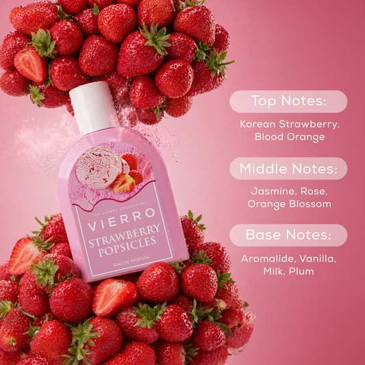 Vierro Strawberry Popsicles perfume bottle with image of scent notes, highlighting fruity and sweet fragrance elements.