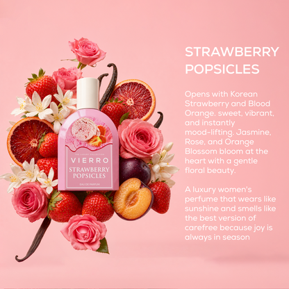 Vierro Strawberry Popsicles perfume bottle with a vibrant, fruity design and fresh strawberry imagery.