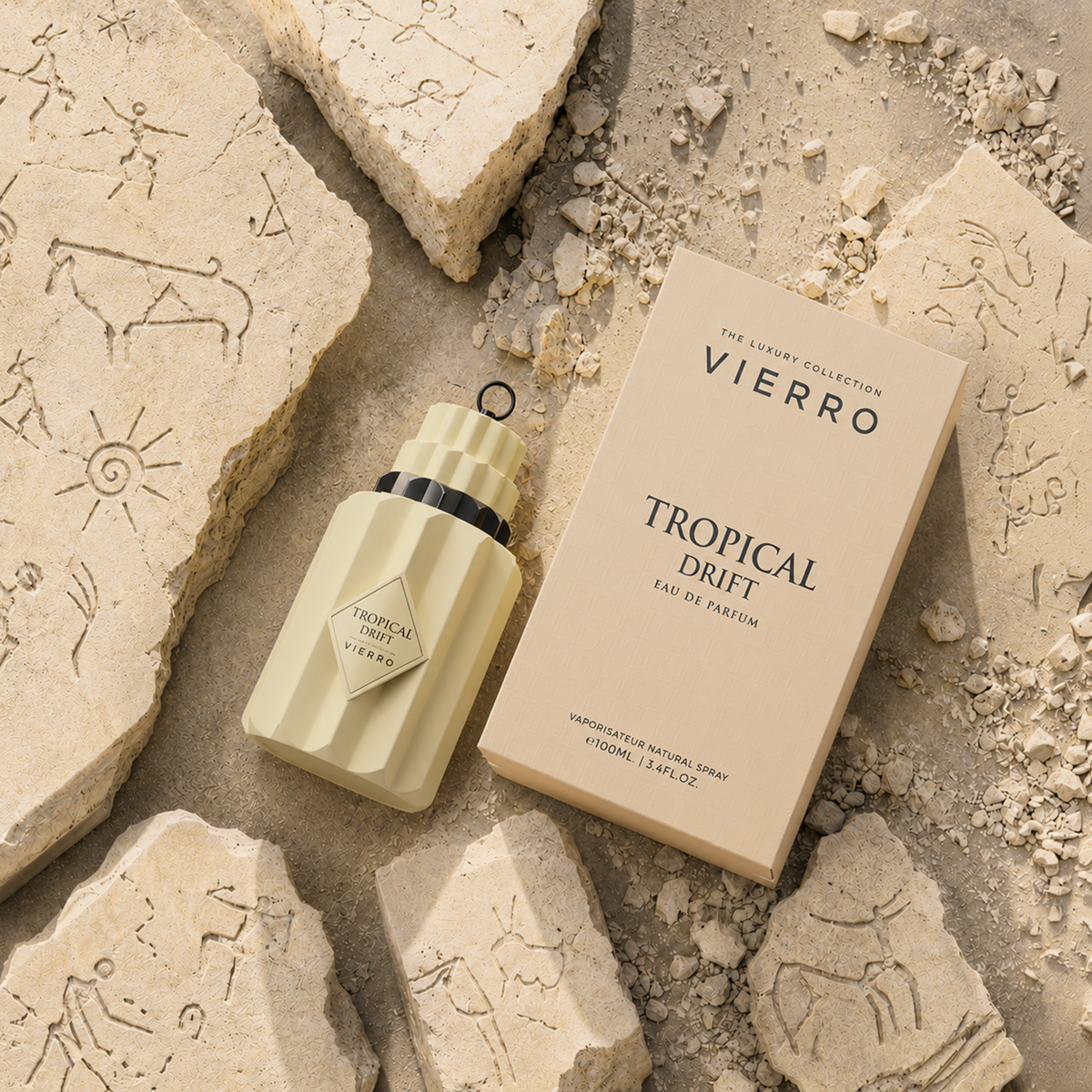 Vierro Tropical Drift perfume bottle and box featuring vibrant tropical design and elegant packaging.