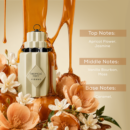 Vierro Tropical Drift perfume bottle with notes illustration, showcasing the vibrant and exotic fragrance profile.