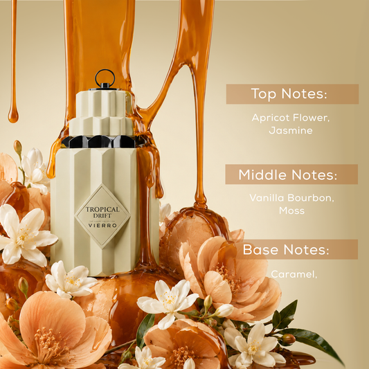 Vierro Tropical Drift perfume bottle with notes illustration, showcasing the vibrant and exotic fragrance profile.