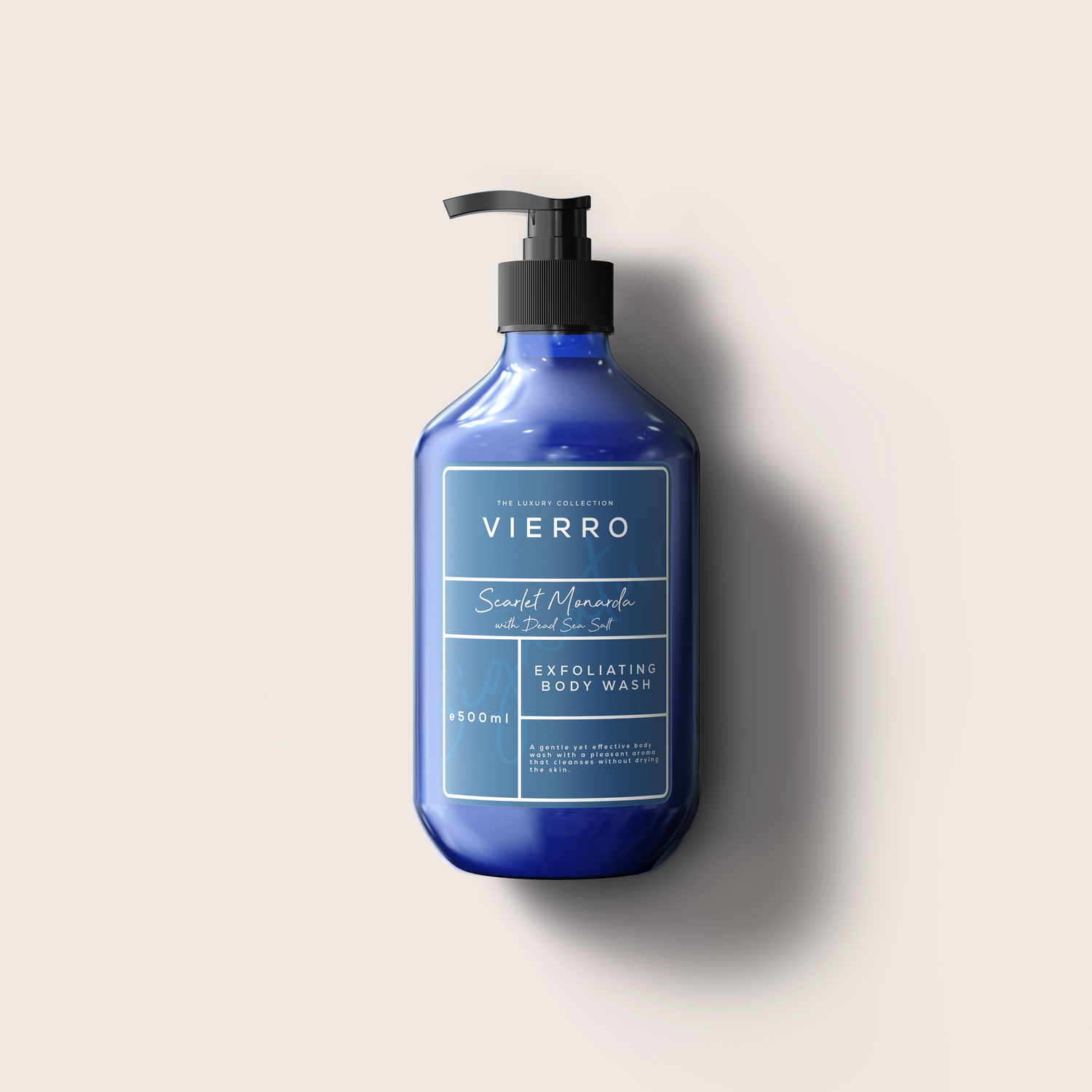 A bottle of VIERRO exfoliating hand wash in a deep cobalt blue color with a black pump dispenser, set against a solid light beige background with a soft shadow.