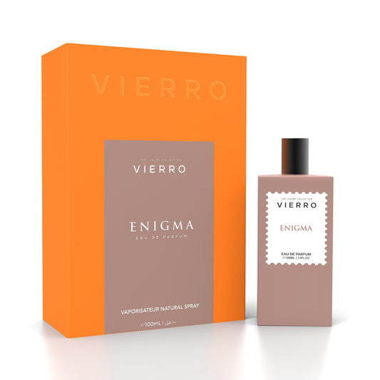 Bottle of Vierro ENIGMA perfume with elegant packaging and a sleek design, showcasing the stylish fragrance bottle.