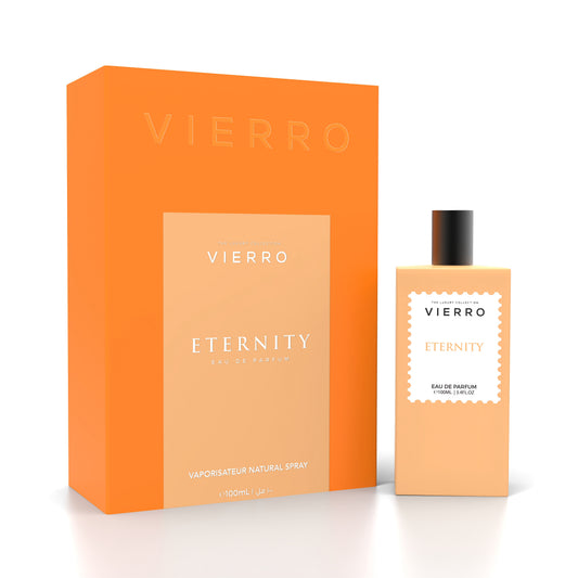 Vierro ETERNITY perfume bottle with elegant design, showcasing the luxurious fragrance in a sleek glass container.