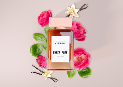 Vierro Ember Rose perfume bottle with a sleek design, showcasing the elegant packaging of the fragrance.