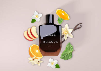 Vierro BELAQUA perfume bottle showcasing elegant design and branding, set against a neutral background.