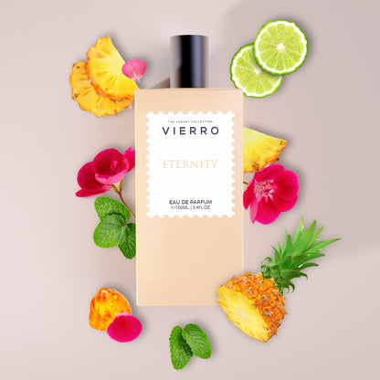 Vierro Eternity perfume bottle with elegant design, showcasing the fragrance notes on a sleek background.