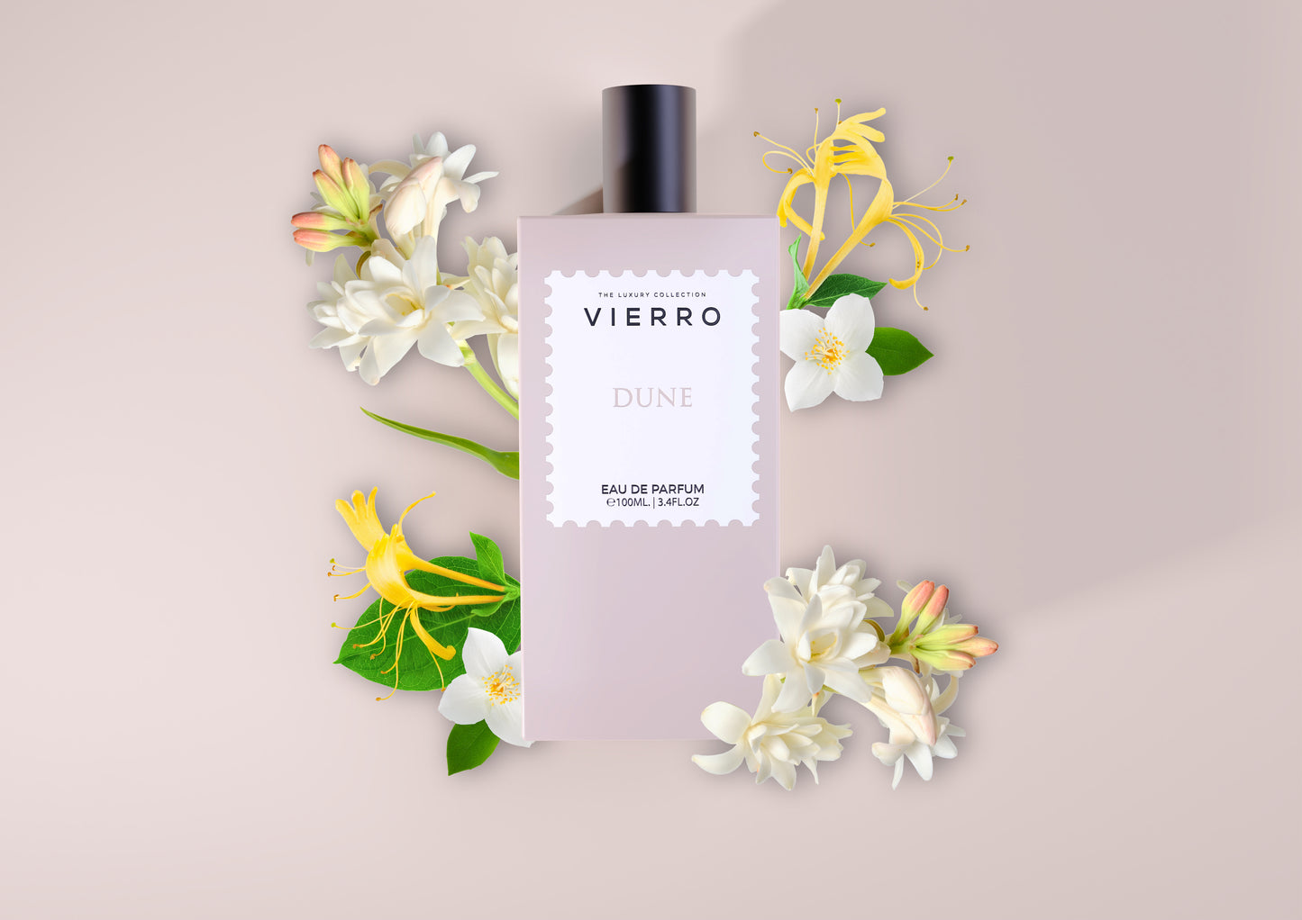 Vierro DUNE perfume bottle with floral and woody scent notes, elegant packaging, and a sleek design.