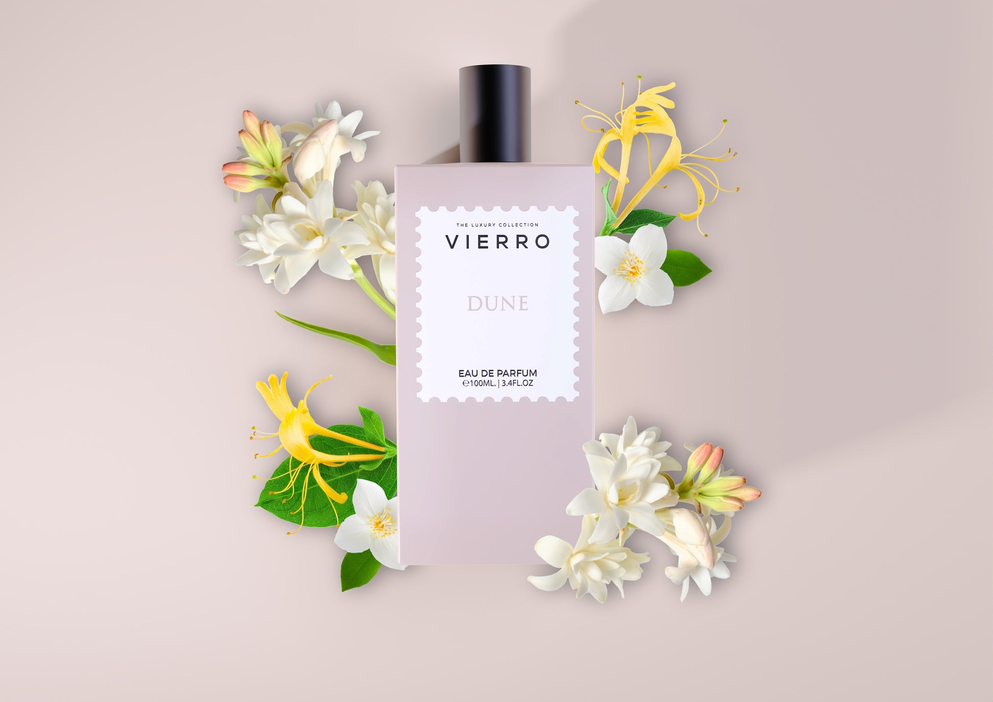 Vierro DUNE perfume bottle with floral and woody scent notes, elegant packaging, and a sleek design.