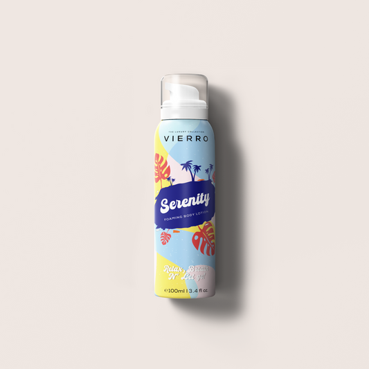 Viero Serenity body lotion bottle with colorful design on a light gray background