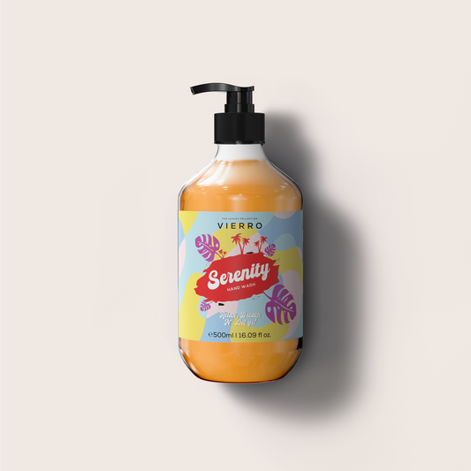 Hand wash bottle with colorful label on a light gray background