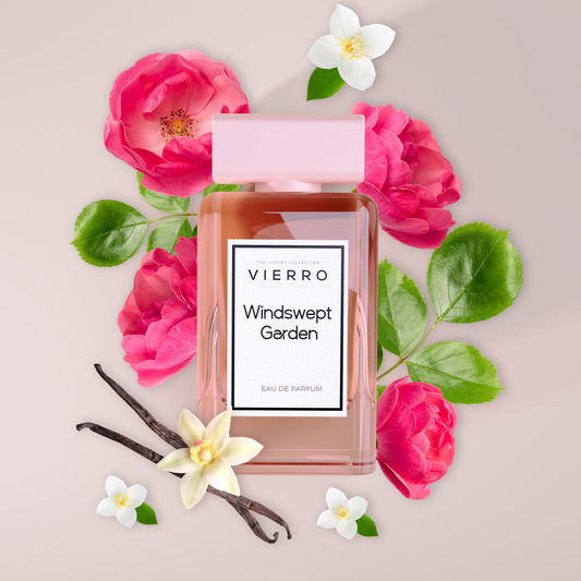 Vierro Windswept Garden perfume bottle with floral and fresh scent notes, showcased with elegant packaging and vibrant design.