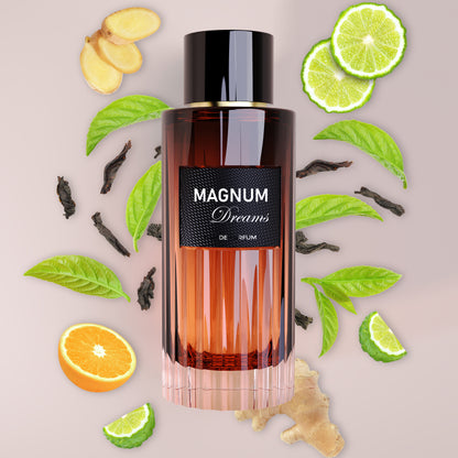 Vierro Magnum Dreams perfume bottle with elegant packaging and floral notes, showcasing a luxurious fragrance experience.