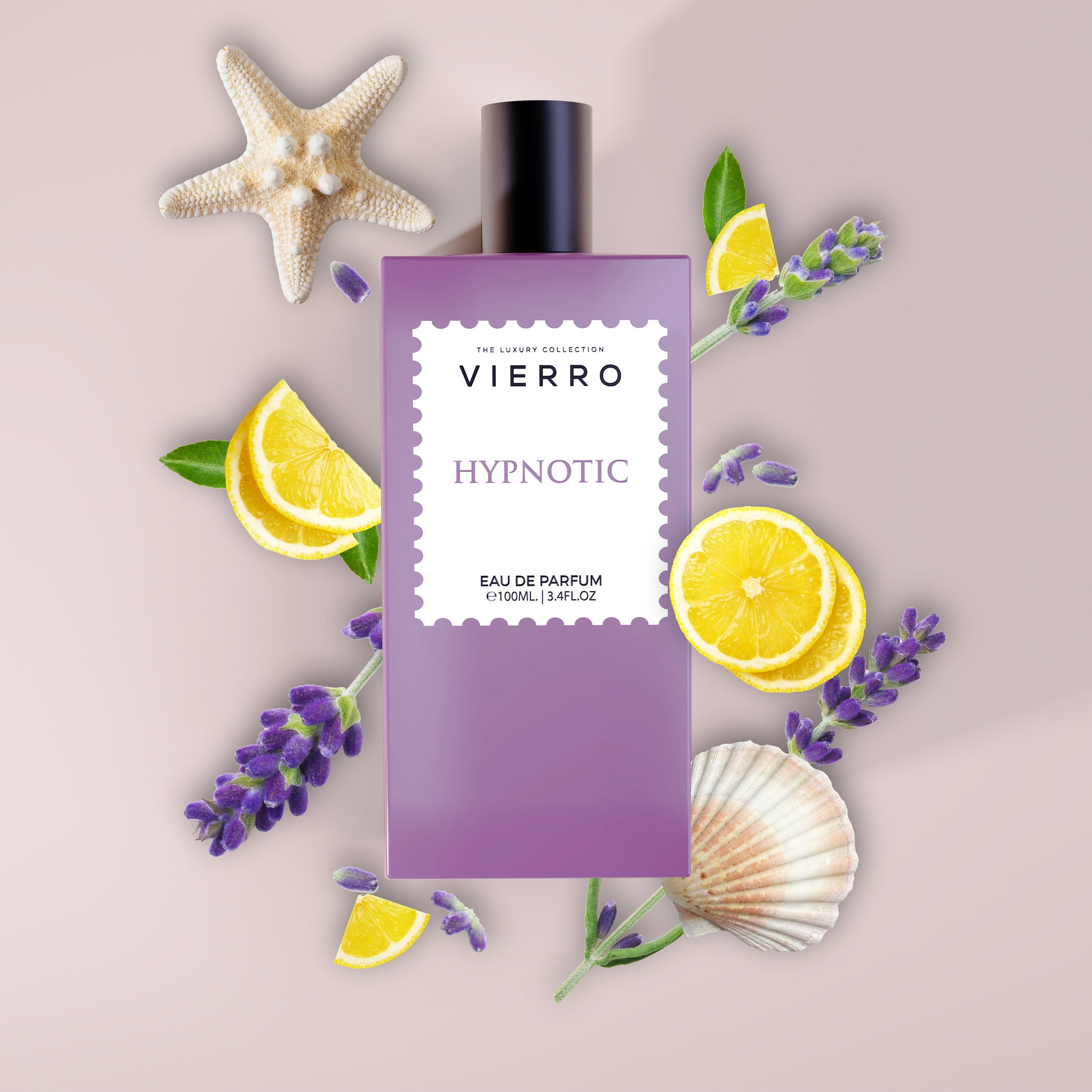 Close-up of Vierro Hypnotic perfume bottle with elegant design and notes label visible, showcasing the luxury fragrance.