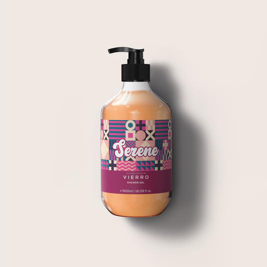 Shower gel bottle with colorful label on a white background