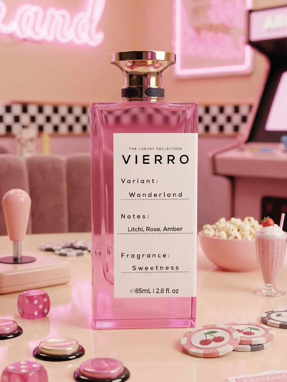 Vierro Wonderland perfume bottle with elegant design, showcasing the floral-themed fragrance packaging.