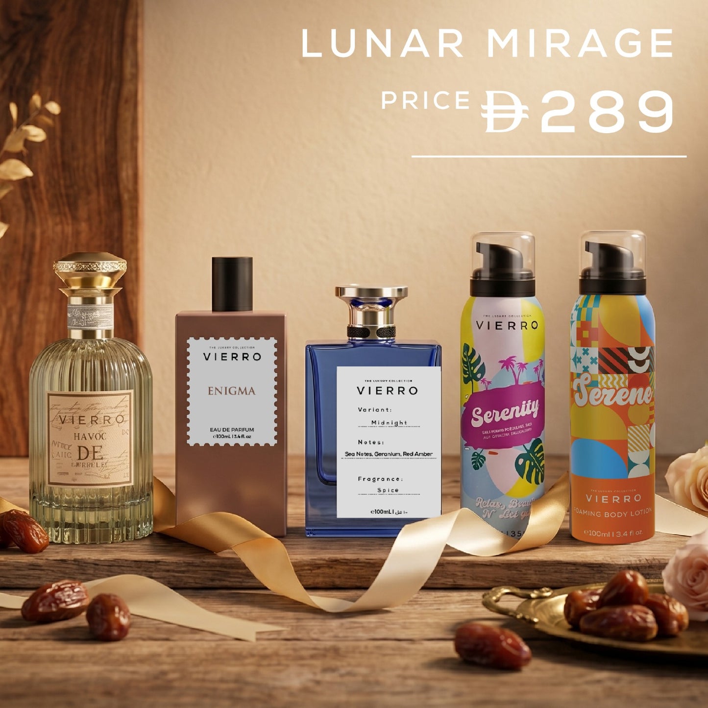 Vierro Lunar Mirage Gift Set featuring elegant packaging with skincare products and accessories in a sleek, modern design.