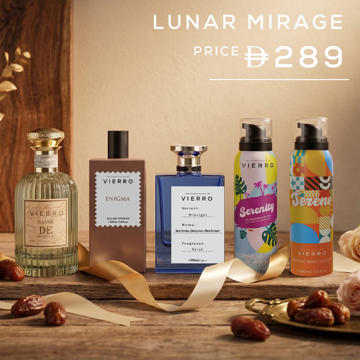 Vierro Lunar Mirage Gift Set featuring elegant packaging with skincare products and accessories in a sleek, modern design.