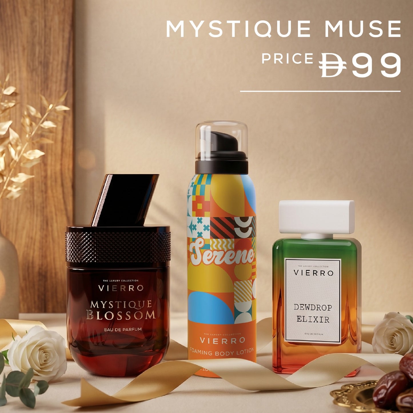 Vierro Mystique Muse gift set with elegant perfume bottles and coordinating accessories arranged attractively.