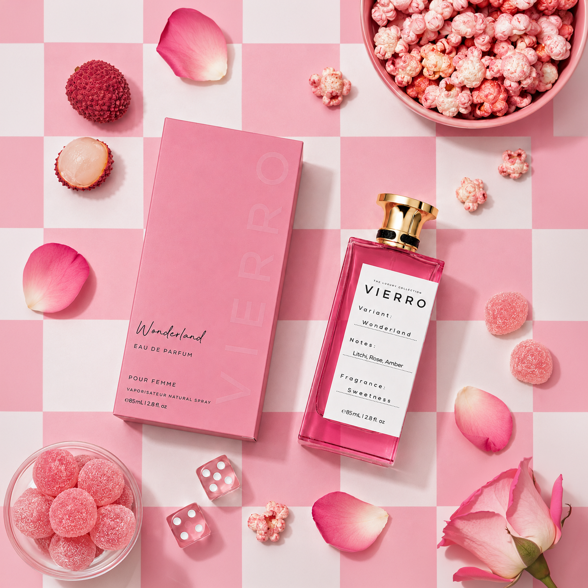 Wonderland Sophisticated ladies fragrance bottle and box designed for elegance and confidence.