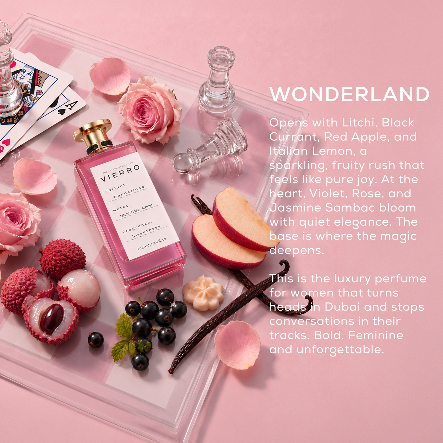 Wonderland by Vierro a premium ladies perfume blending litchi, red apple, jasmine, rose and sambac bloom notes.
